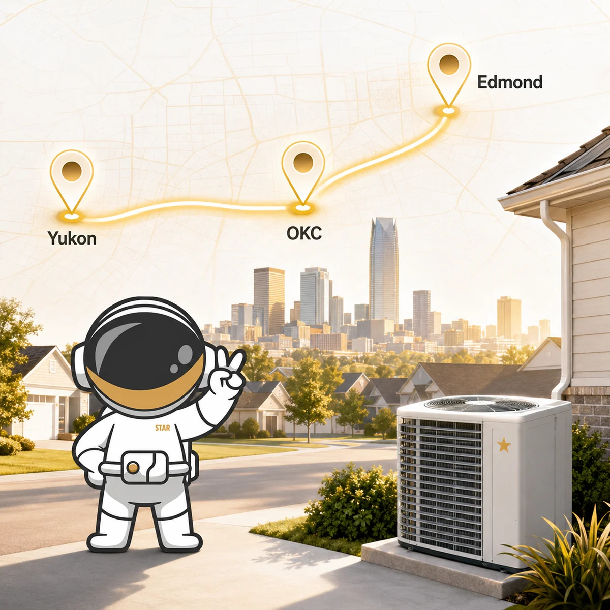 North Star Comfort astronaut mascot showing Yukon, Oklahoma City and Edmond service area locations