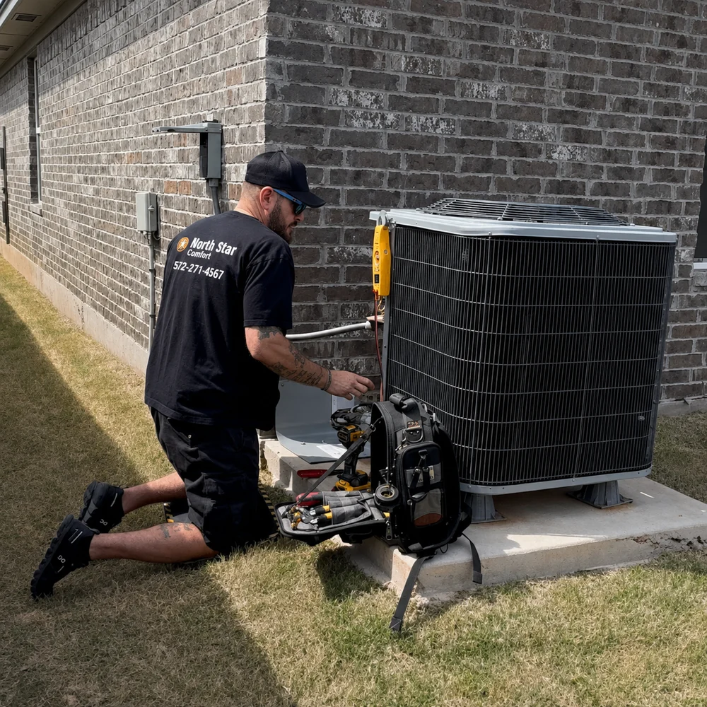 North Star Comfort working on an outdoor air conditioning unit