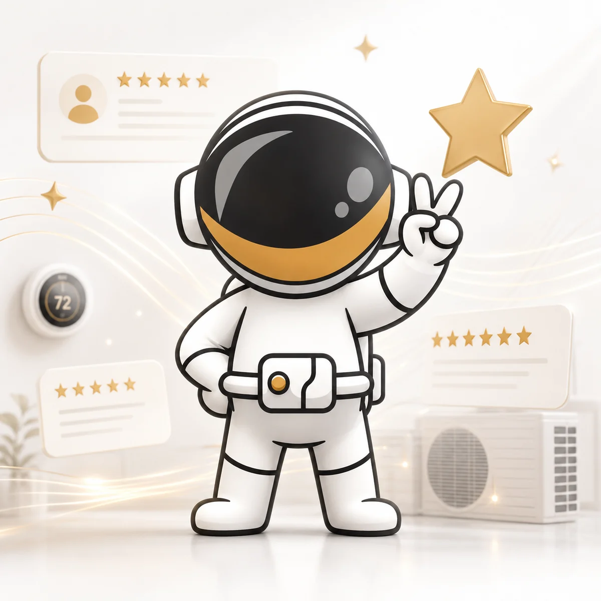 North Star Comfort astronaut mascot with five-star review and HVAC service theme